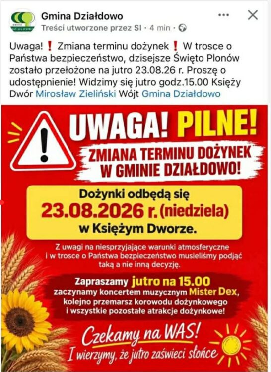 Zmiana terminu dożynek – 23 sierpnia 2026
